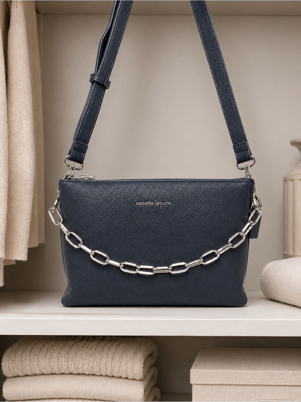 EUC Nanette Lepore Navy Pebbled Crossbody Bag Chain Strap